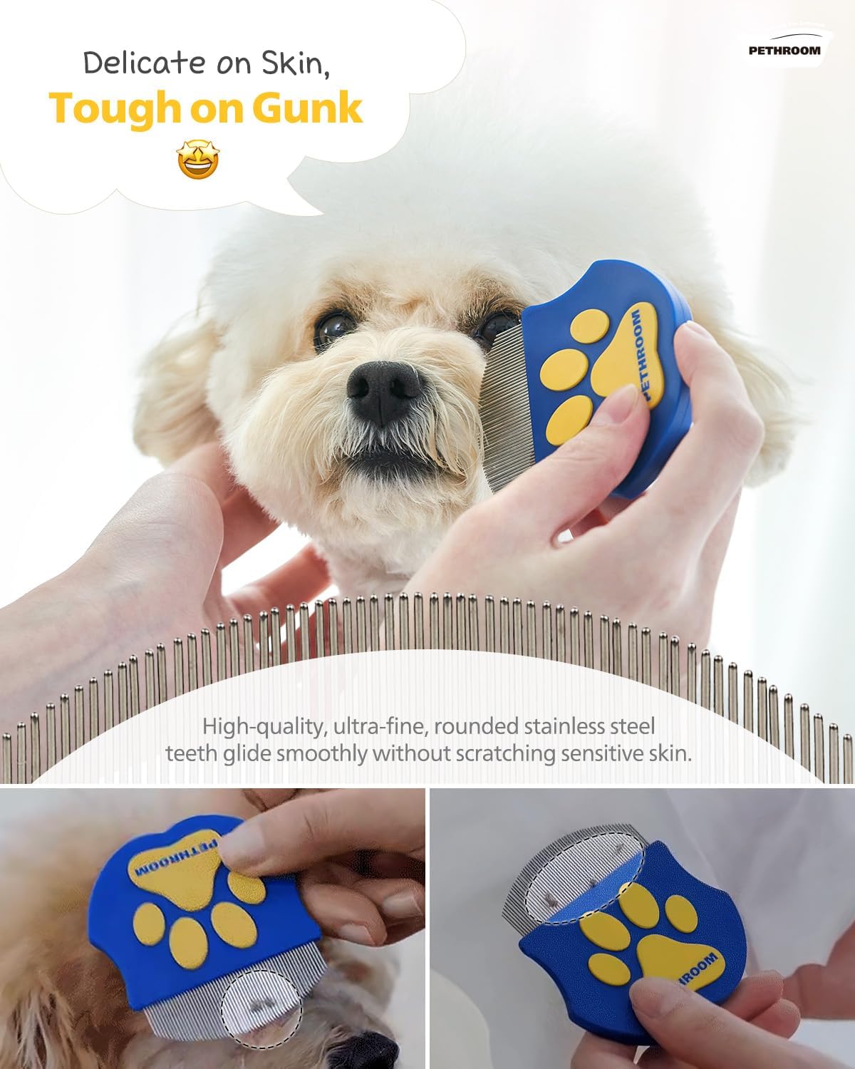 Pethroom eye comb removing tear stains from a dog