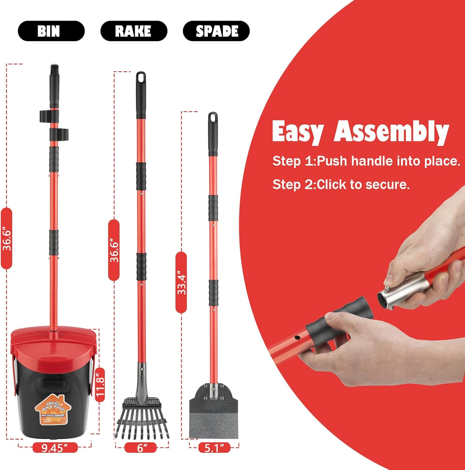 Easy tool free assembly steps for the premium rust resistant dog poop scoop.