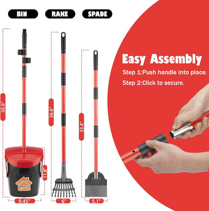 Easy tool free assembly steps for the premium rust resistant dog poop scoop.