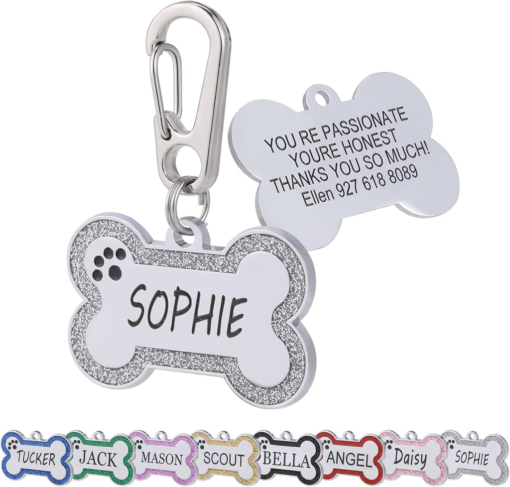 Personalized Stainless Steel Pet ID Tags with Glittery Bone Design - DEEP Engraved Dog Tags Engraved for Pets Customized with 5 Lines Dogs and Cats Pets - Image 9