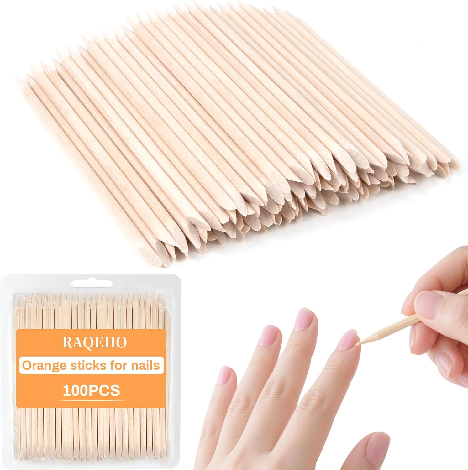 RAQEHO orange sticks for nails 100 count front view packaging