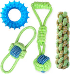 A puppy interacting with the eco-friendly plant-dyed Sunglow braided rope toy during an indoor training session.