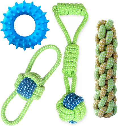 A puppy interacting with the eco-friendly plant-dyed Sunglow braided rope toy during an indoor training session.