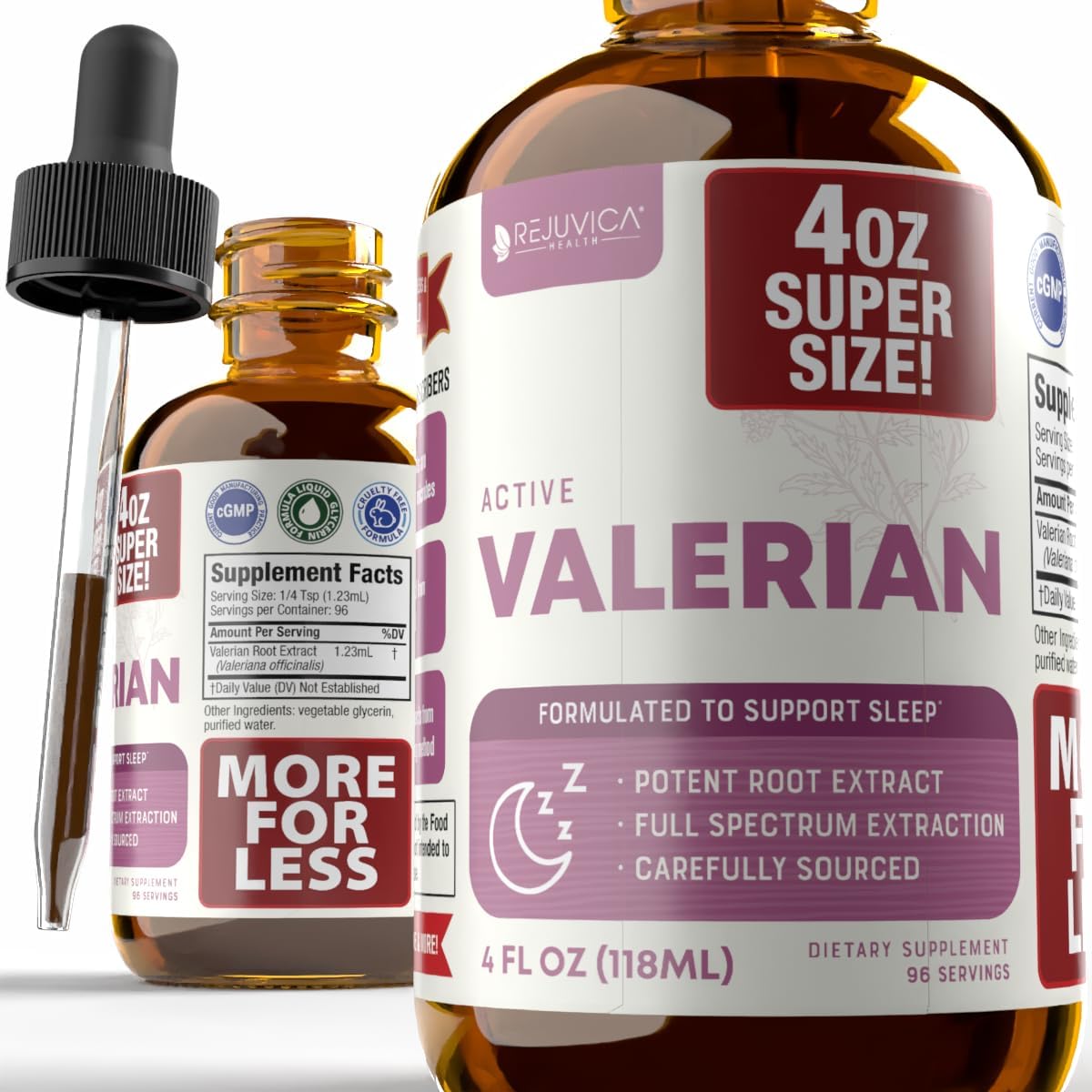 Rejuvica Health Active Valerian Root Liquid Extract four ounce bottle front view for premium herbal sleep support.