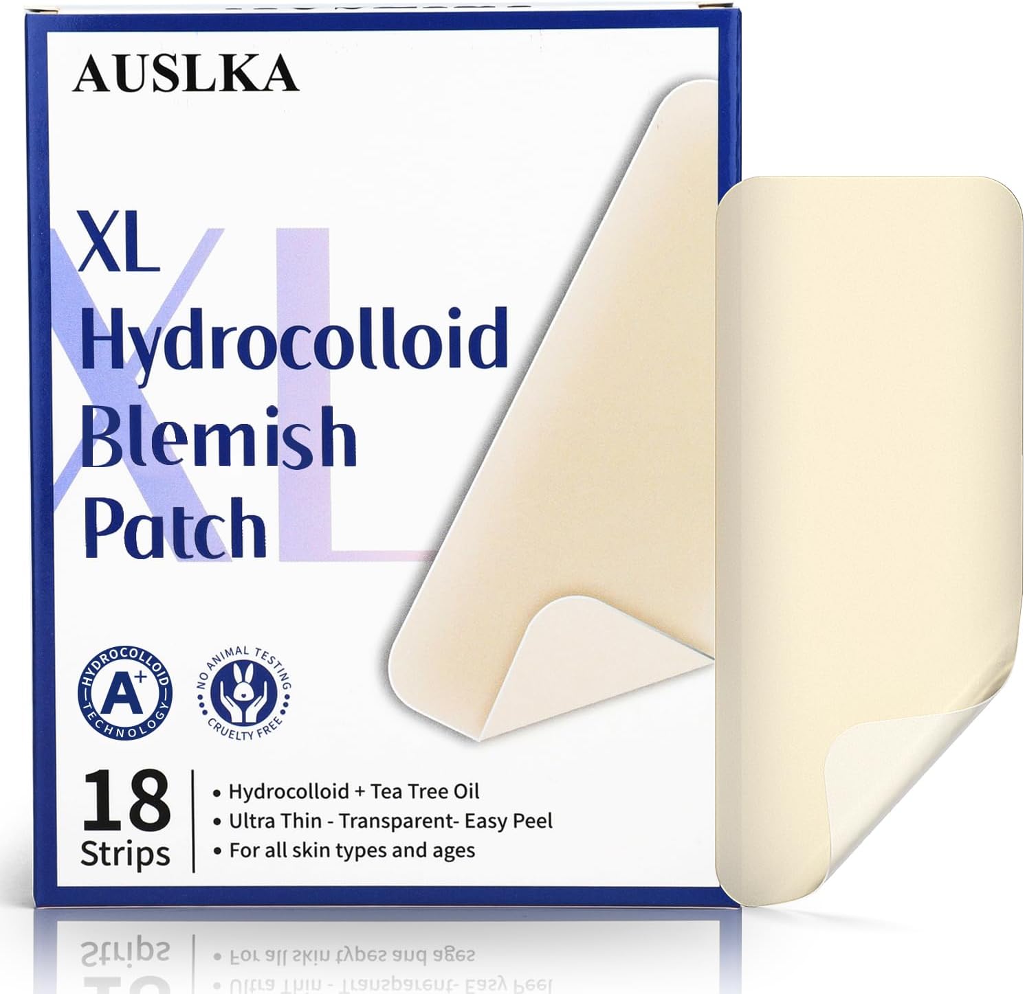 AUSLKA Large Blemish Patches front packaging view showing eighteen XL hydrocolloid strips for acne treatment