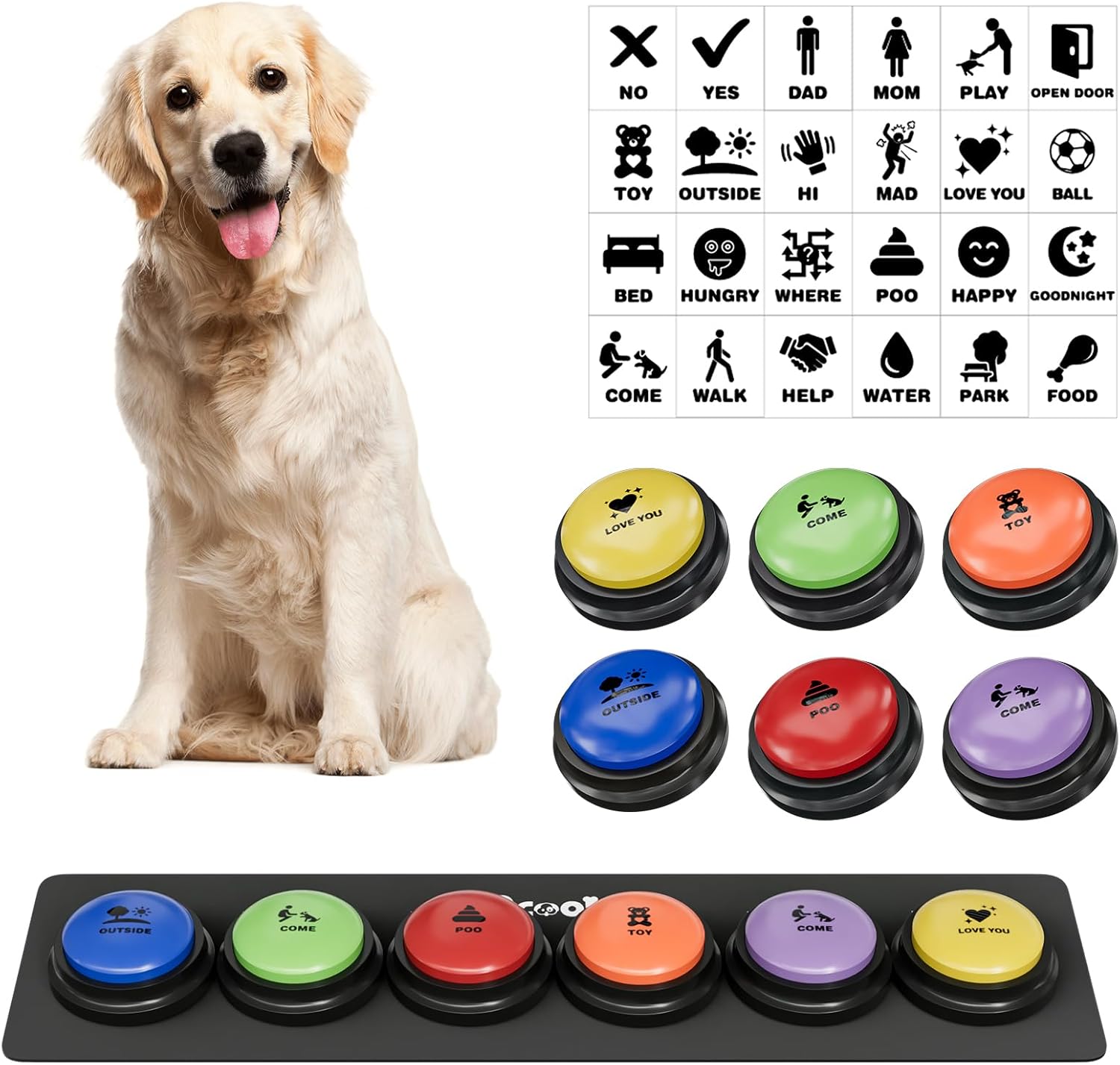 Acools dog buttons for communication training set front view with waterproof activity mat.