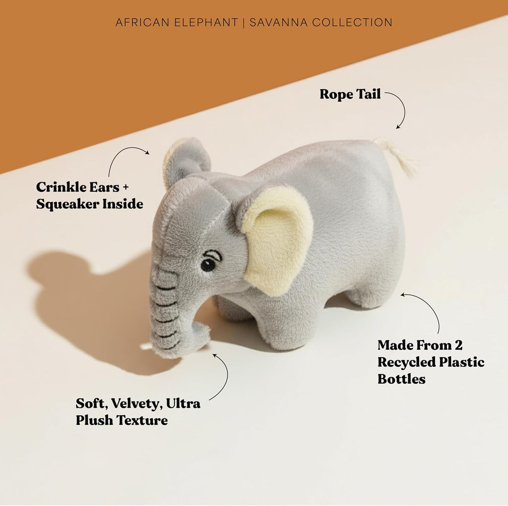 Small eco-friendly elephant dog toy with crinkle ears