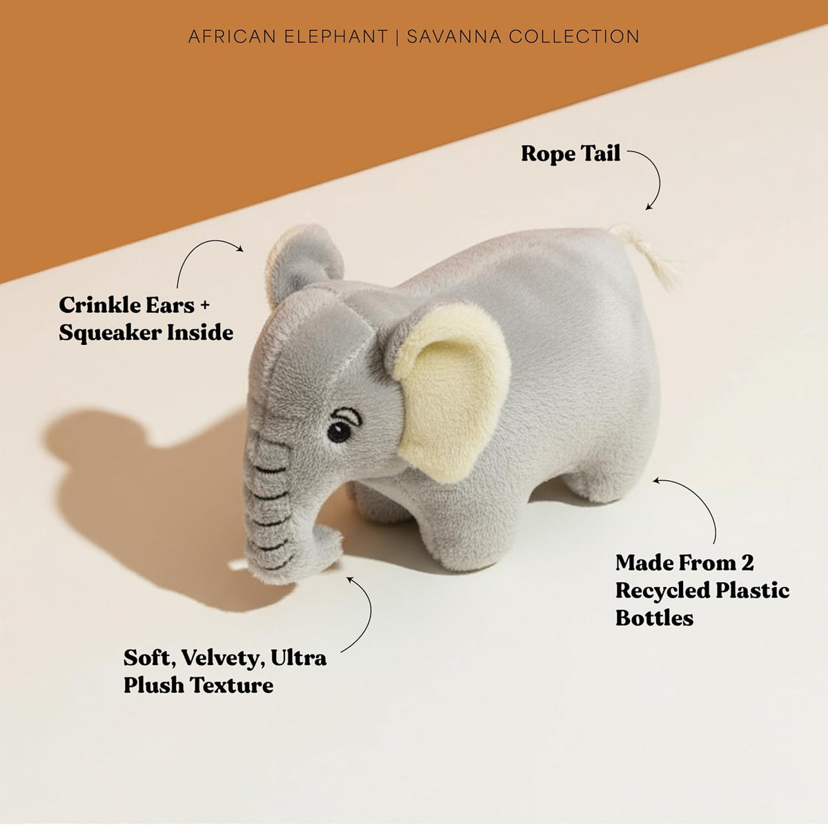 Small eco-friendly elephant dog toy with crinkle ears