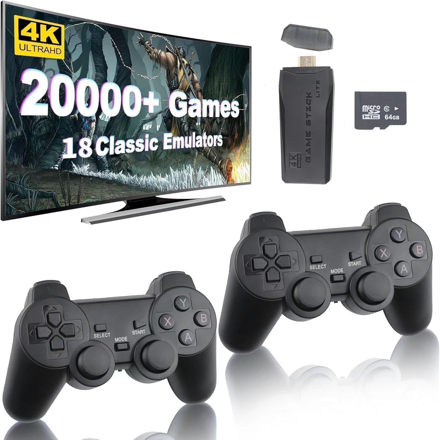 Yellami wireless retro game console with dual controllers.
