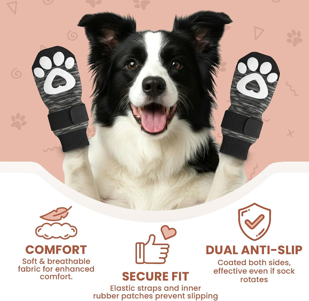 Senior dog wearing Bixie anti slip socks on tile