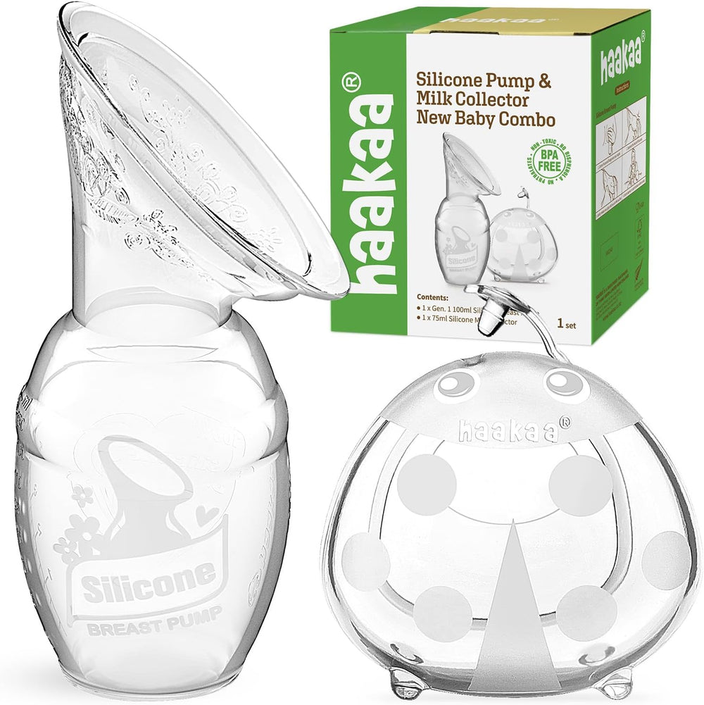 Haakaa manual breast pump and ladybug collector combo front view on plain background