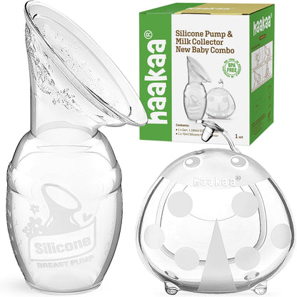 Haakaa manual breast pump and ladybug collector combo front view on plain background