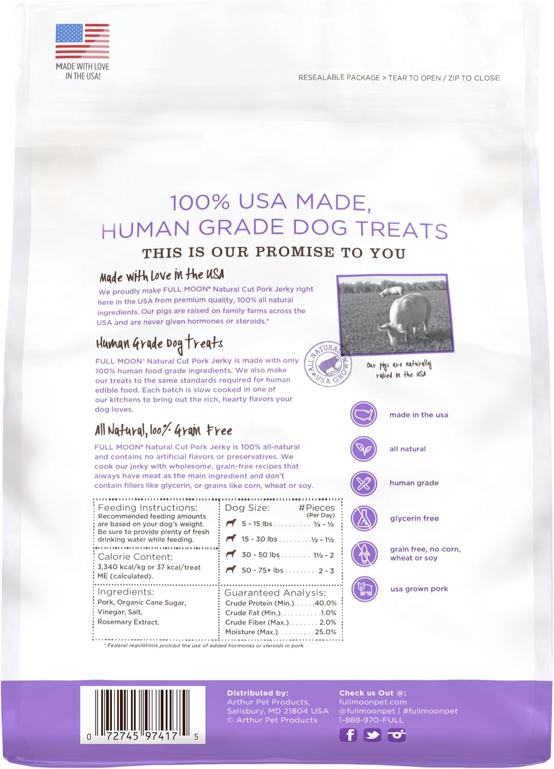 Full Moon human grade pork jerky strips for dogs