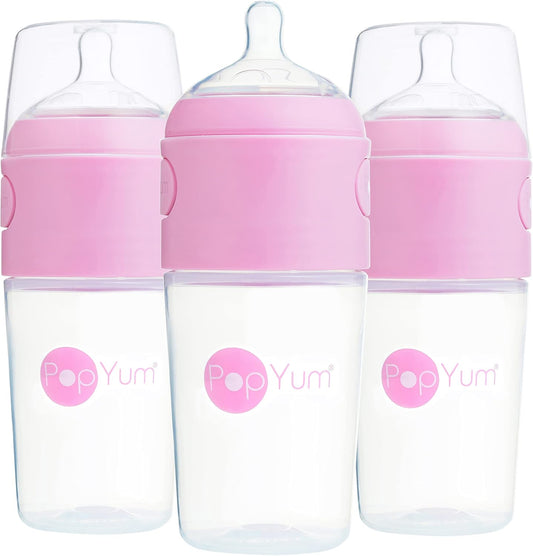 PopYum 9 fluid ounce pink anti-colic formula mixing baby bottle front view