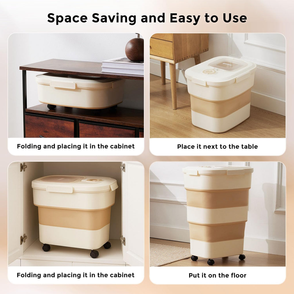 Zomisia khaki dog food container in home pantry setting