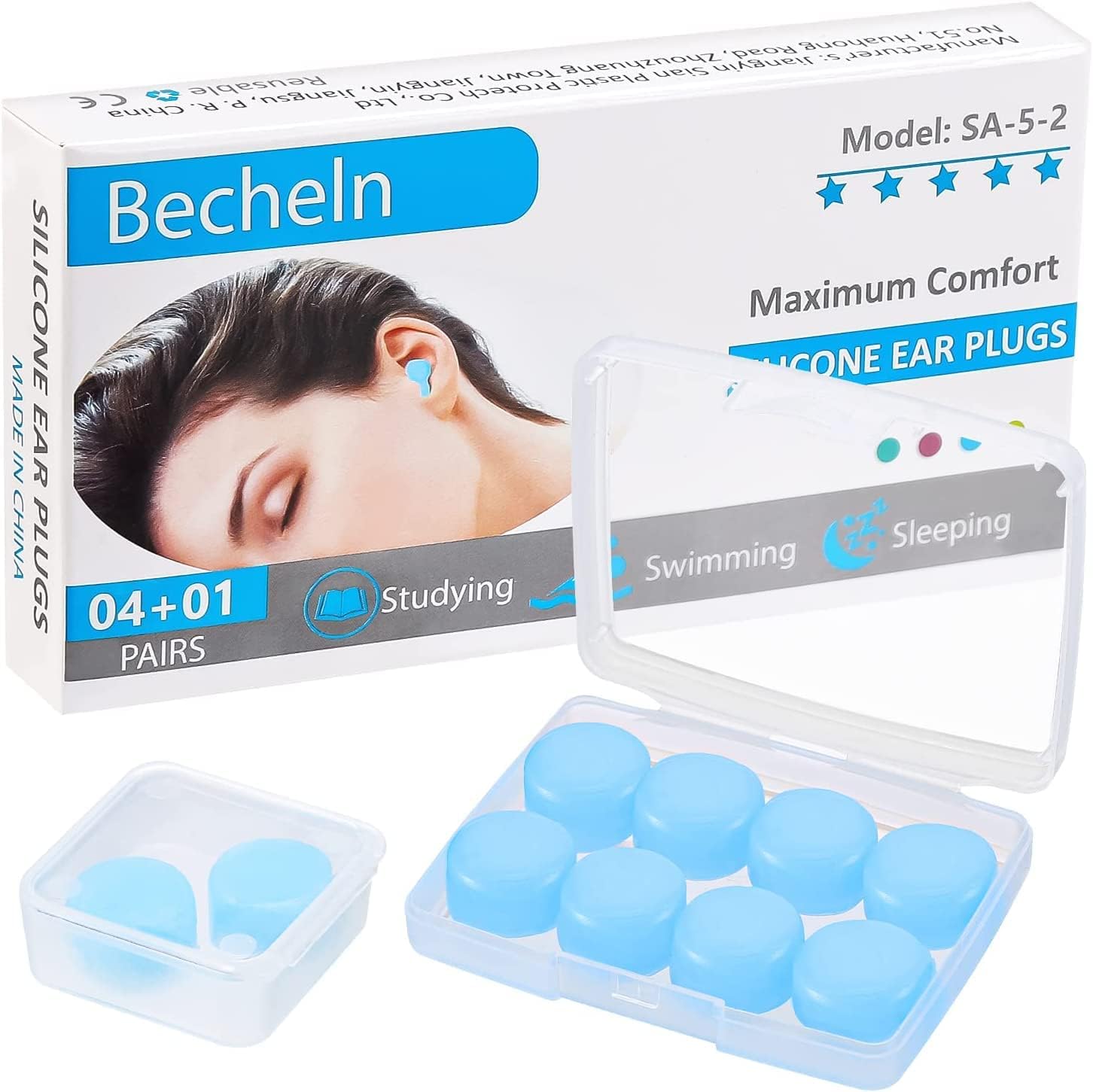 Becheln reusable silicone ear plugs front view showing moldable blue pieces and travel case