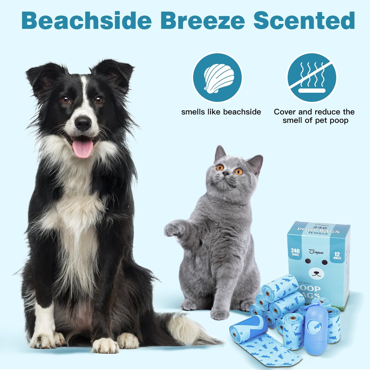 Tear proof and easy dispensing pet poop bag rolls with a secure matching attachment clip.