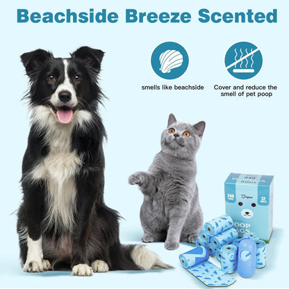 Tear proof and easy dispensing pet poop bag rolls with a secure matching attachment clip.