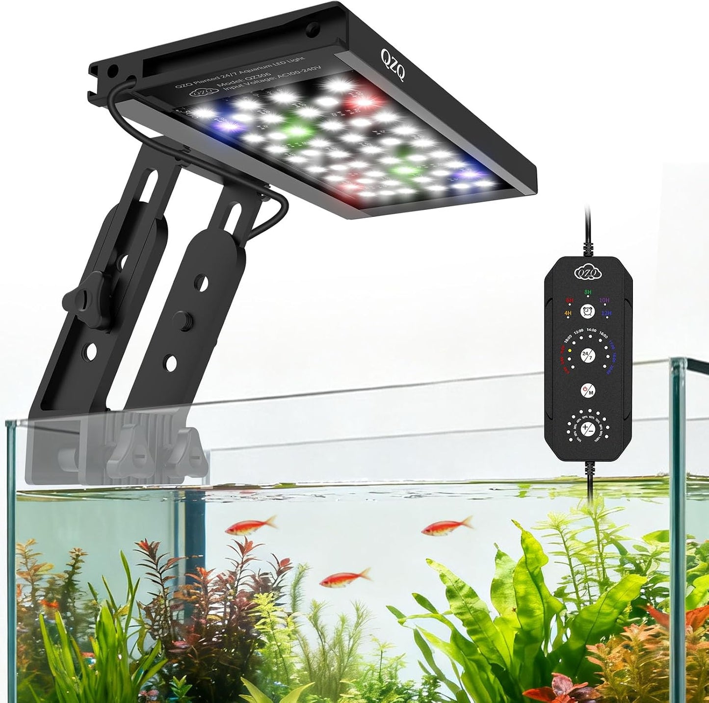 QZQ LED aquarium light attached to a small desktop fish tank with live plants.