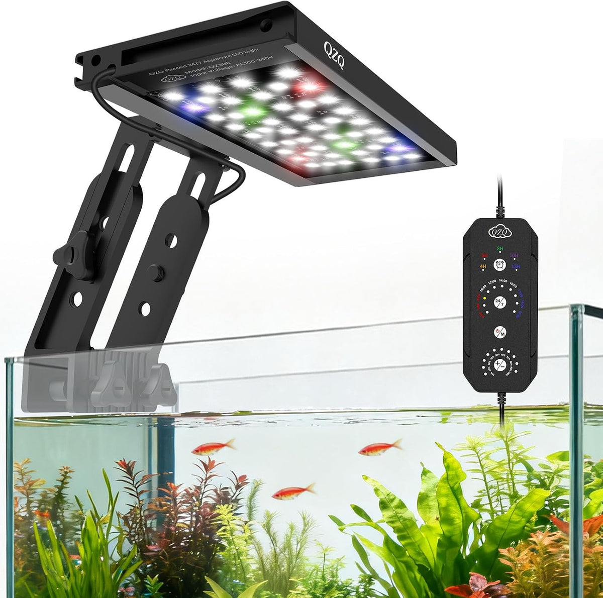 QZQ LED aquarium light attached to a small desktop fish tank with live plants.