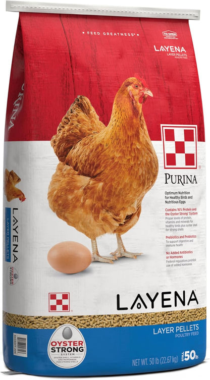 Purina Layena Pellets Chicken Feed front view of fifty pounds bag