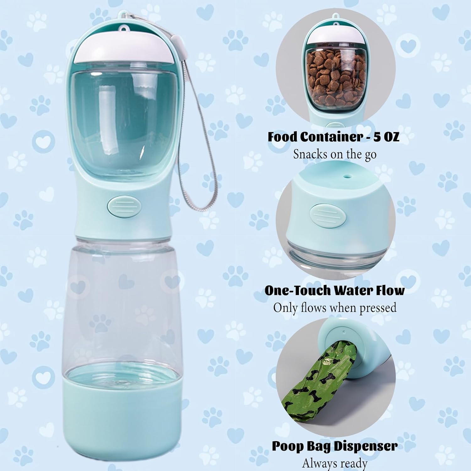 LERAO blue pet travel bottle with separate food storage and water compartments disassembled for cleaning