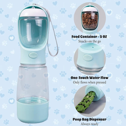 LERAO blue pet travel bottle with separate food storage and water compartments disassembled for cleaning