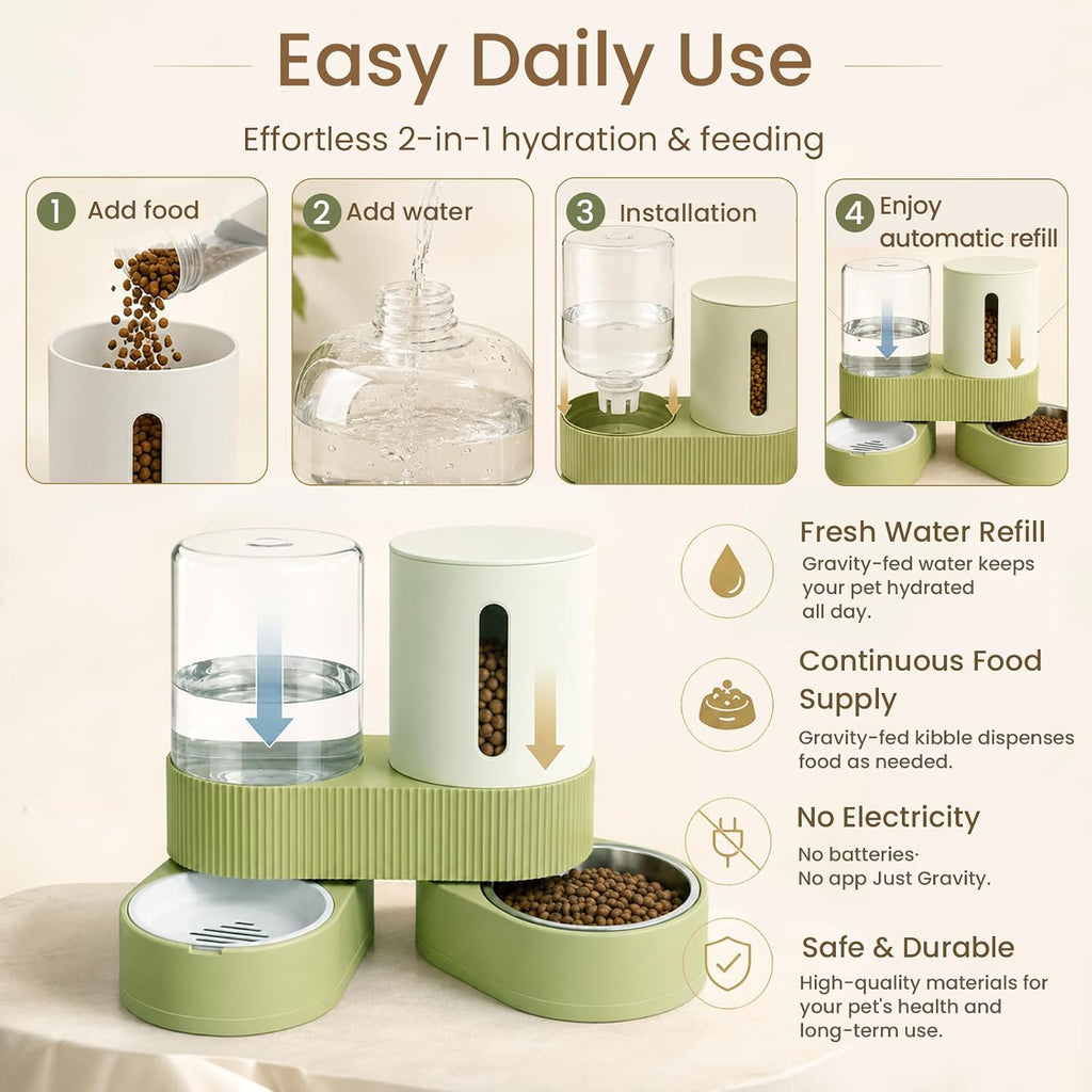 Automatic pet food hopper and waterer set with stainless steel bowl close up