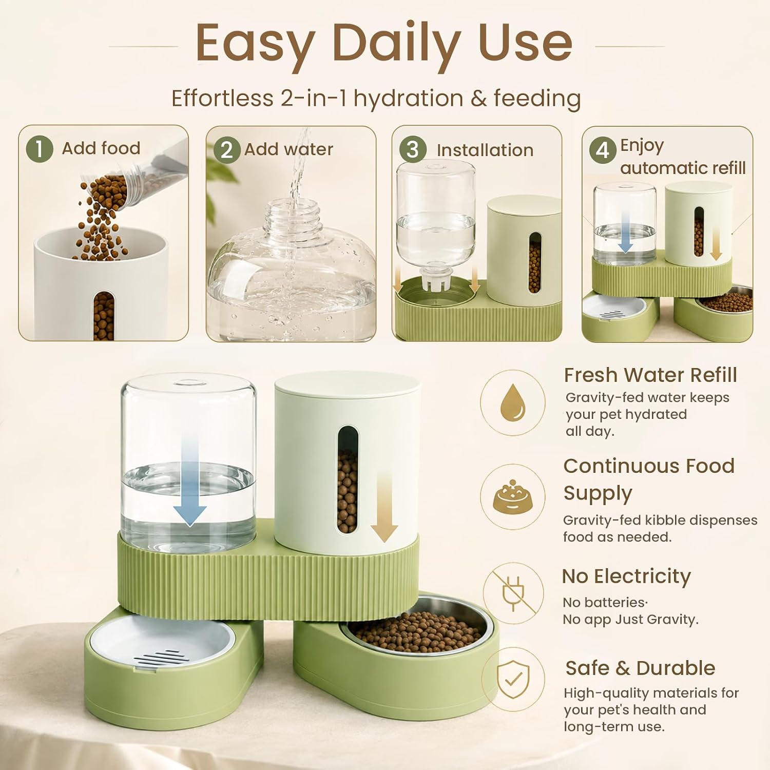 Automatic pet food hopper and waterer set with stainless steel bowl close up