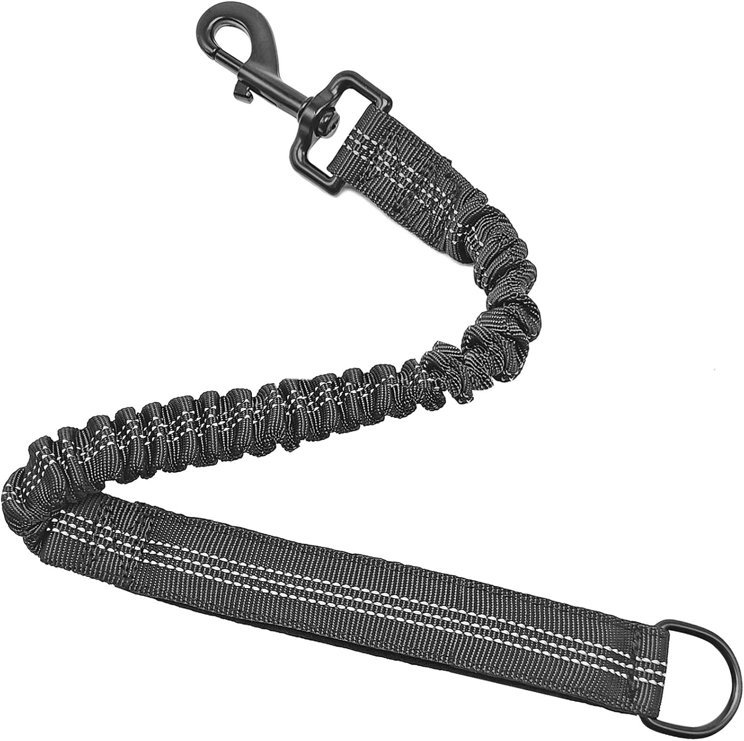 Mycicy Bungee Dog Leash Extender front view showing black elastic nylon lead and metal hook