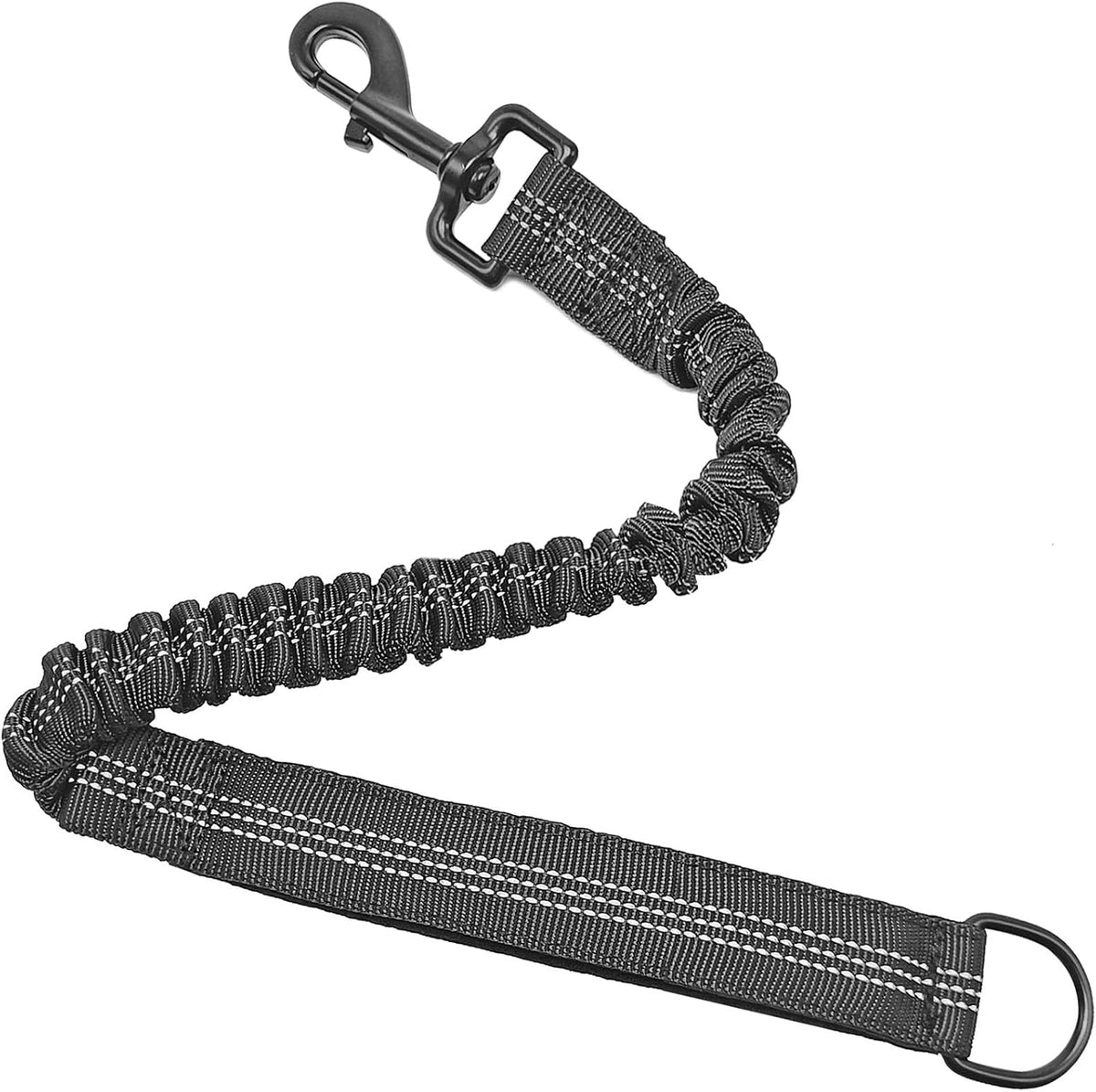 Mycicy Bungee Dog Leash Extender front view showing black elastic nylon lead and metal hook