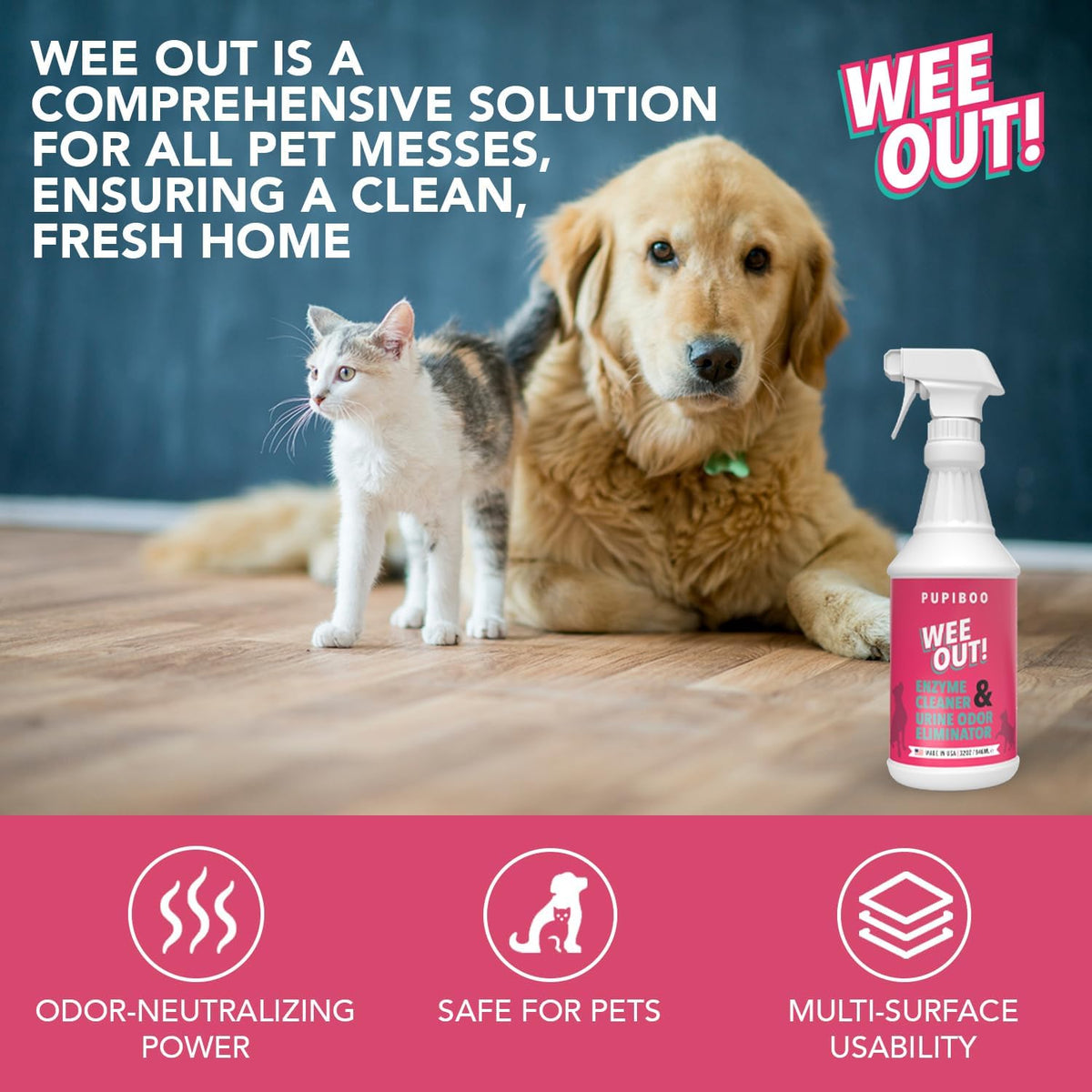 Pet safe stain remover bottle by Pupiboo for household cleaning