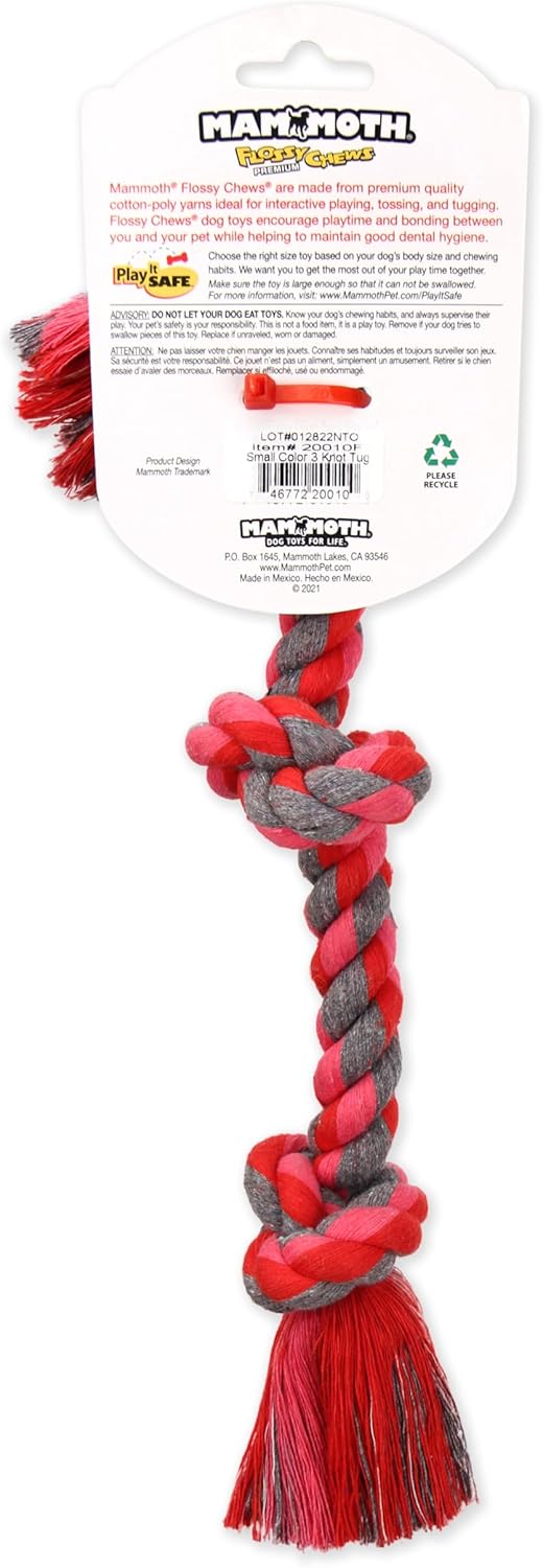 Small fifteen inch interactive dog toy showing the three durable knots for tugging