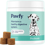 Pawfy Probiotics for dogs front packaging view showing 30 bacon chews container