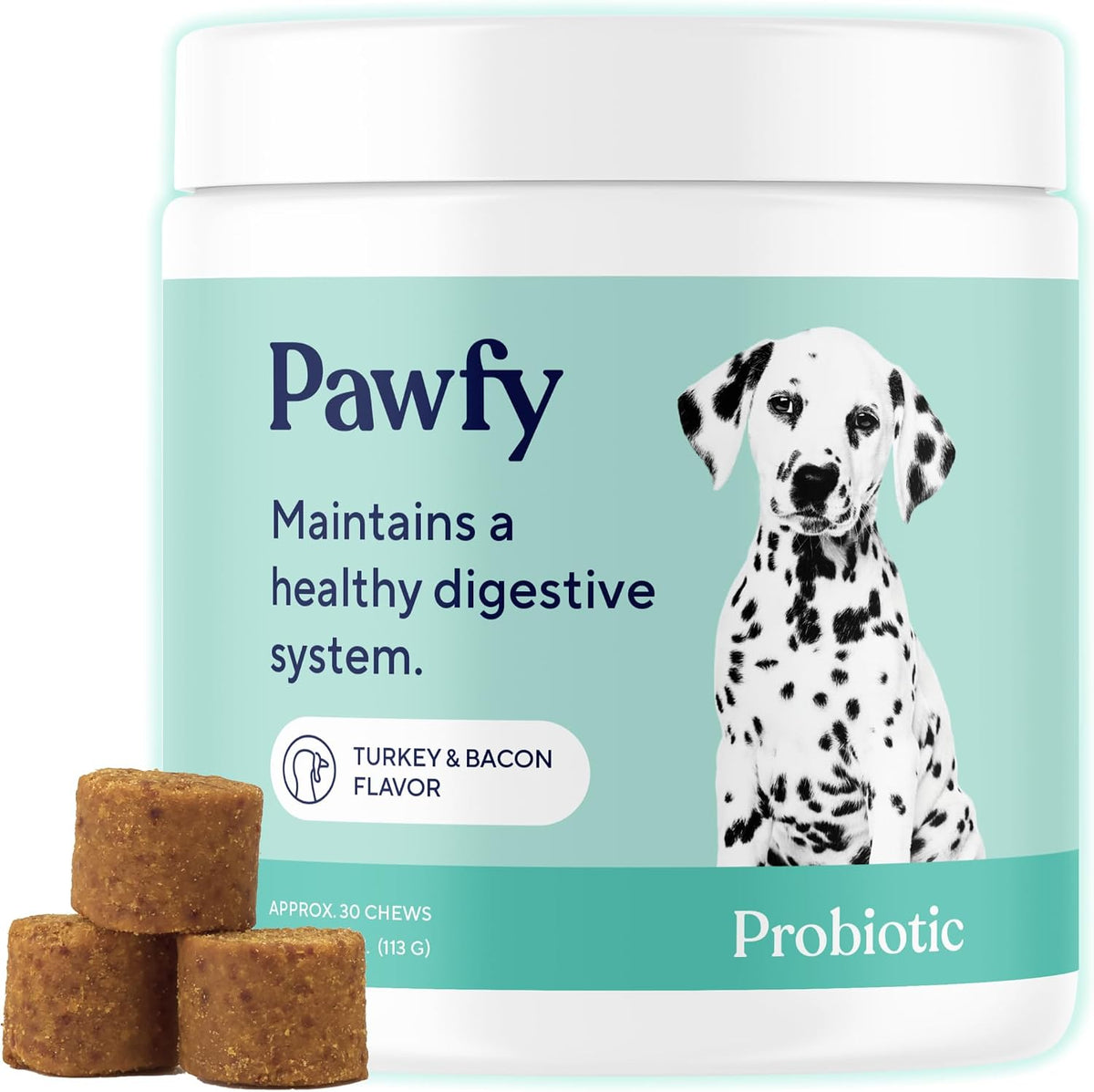 Pawfy Probiotics for dogs front packaging view showing 30 bacon chews container