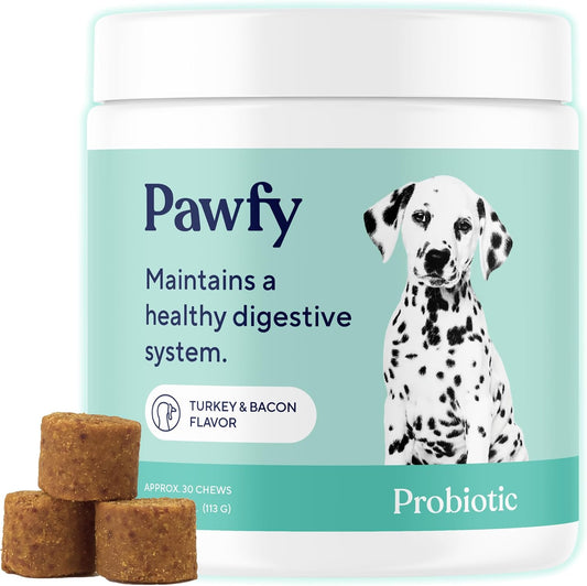 Pawfy Probiotics for dogs front packaging view showing 30 bacon chews container