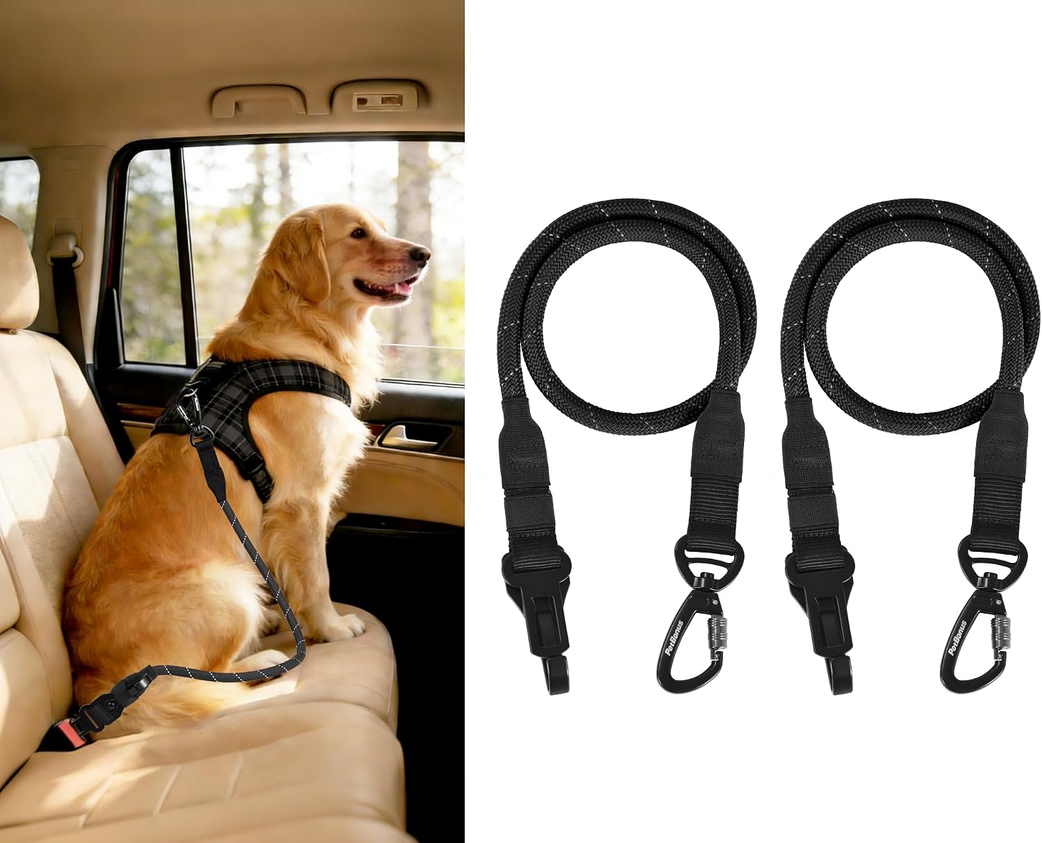 PetBonus Dog Seat Belt for Car, Durable Rope Dog Car Harness Seatbelt for Vehicle, Pet Tether Safety Restraint with Heavy Duty Buckle Hook Latch Lockable Clip for Small Medium Large Breeds (Black) - Image 11