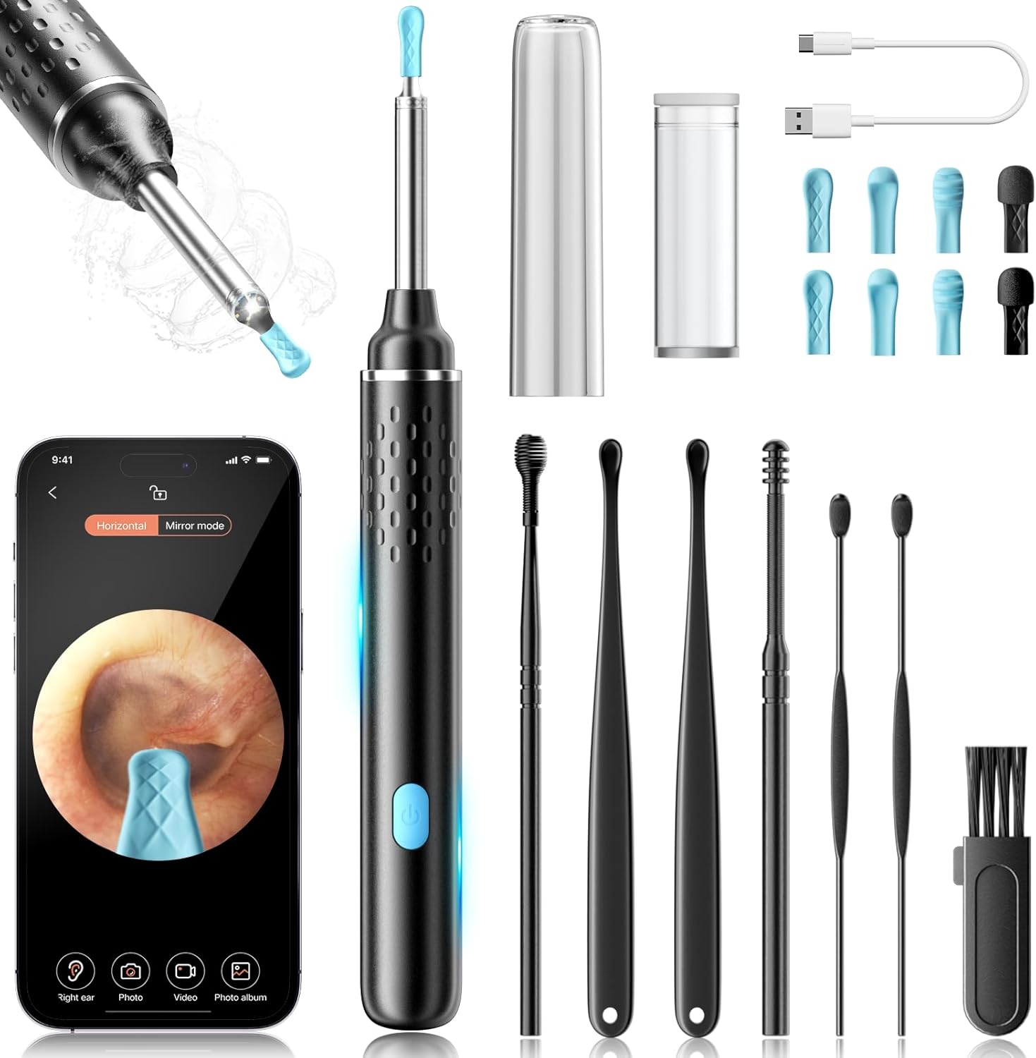 COONYES 1080P HD Ear Wax Removal Tool Camera front view showing the sleek black smart visual ear cleaner wand.