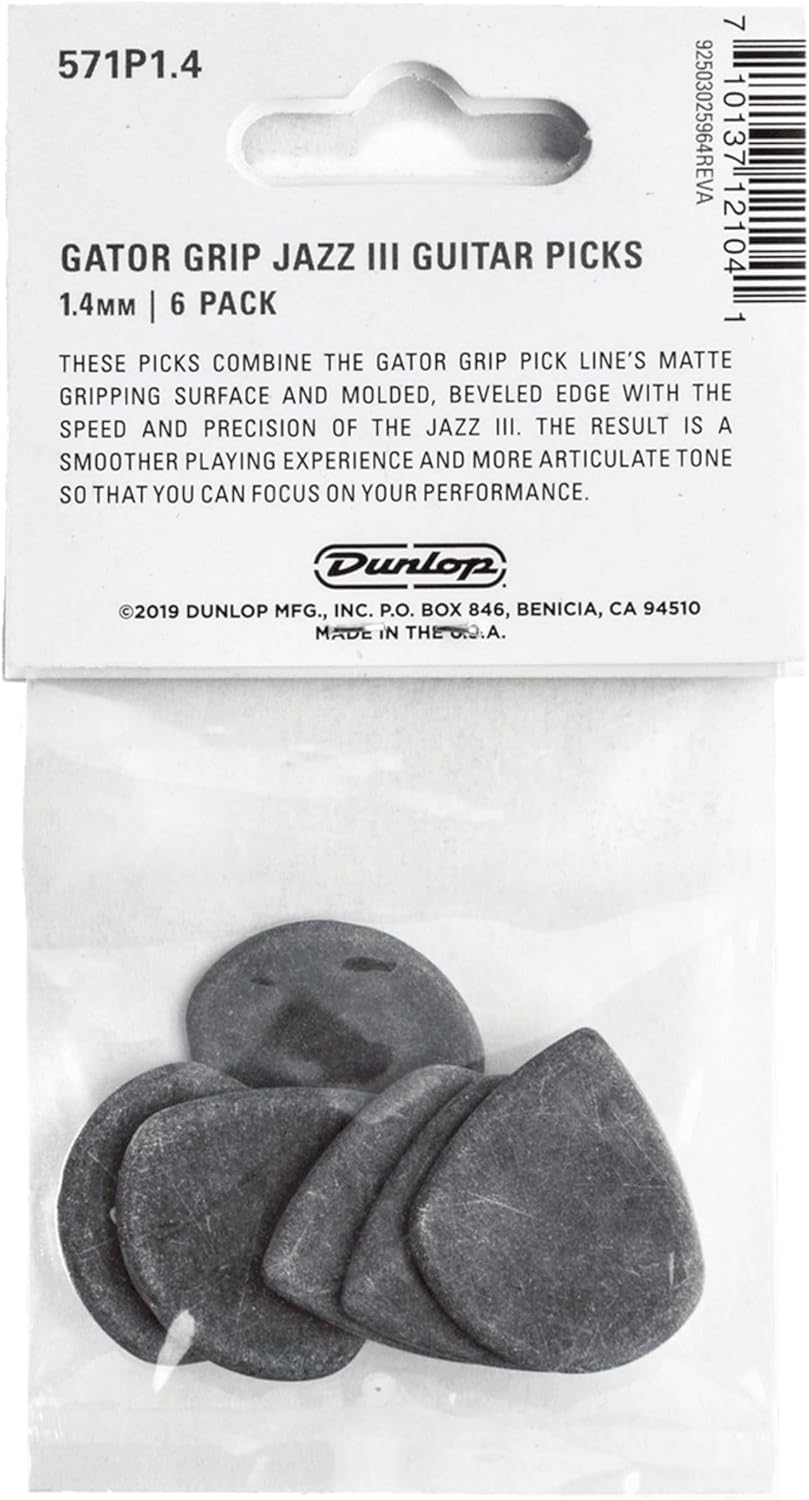 Pack of six Jim Dunlop Gator Grip Jazz III 1.4mm guitar plectrums neatly displayed.