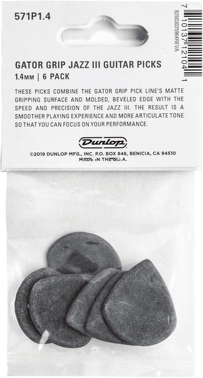 Pack of six Jim Dunlop Gator Grip Jazz III 1.4mm guitar plectrums neatly displayed.
