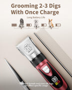 Low noise rechargeable dog clippers showing attachment guide combs