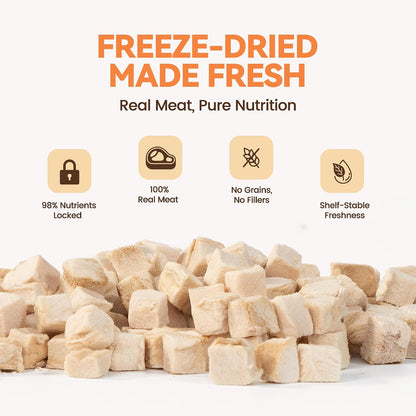 Heckin Yum freeze dried poultry chunks being rehydrated in a small bowl of warm water.