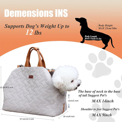 Beige soft sided pet carrier used as car seat