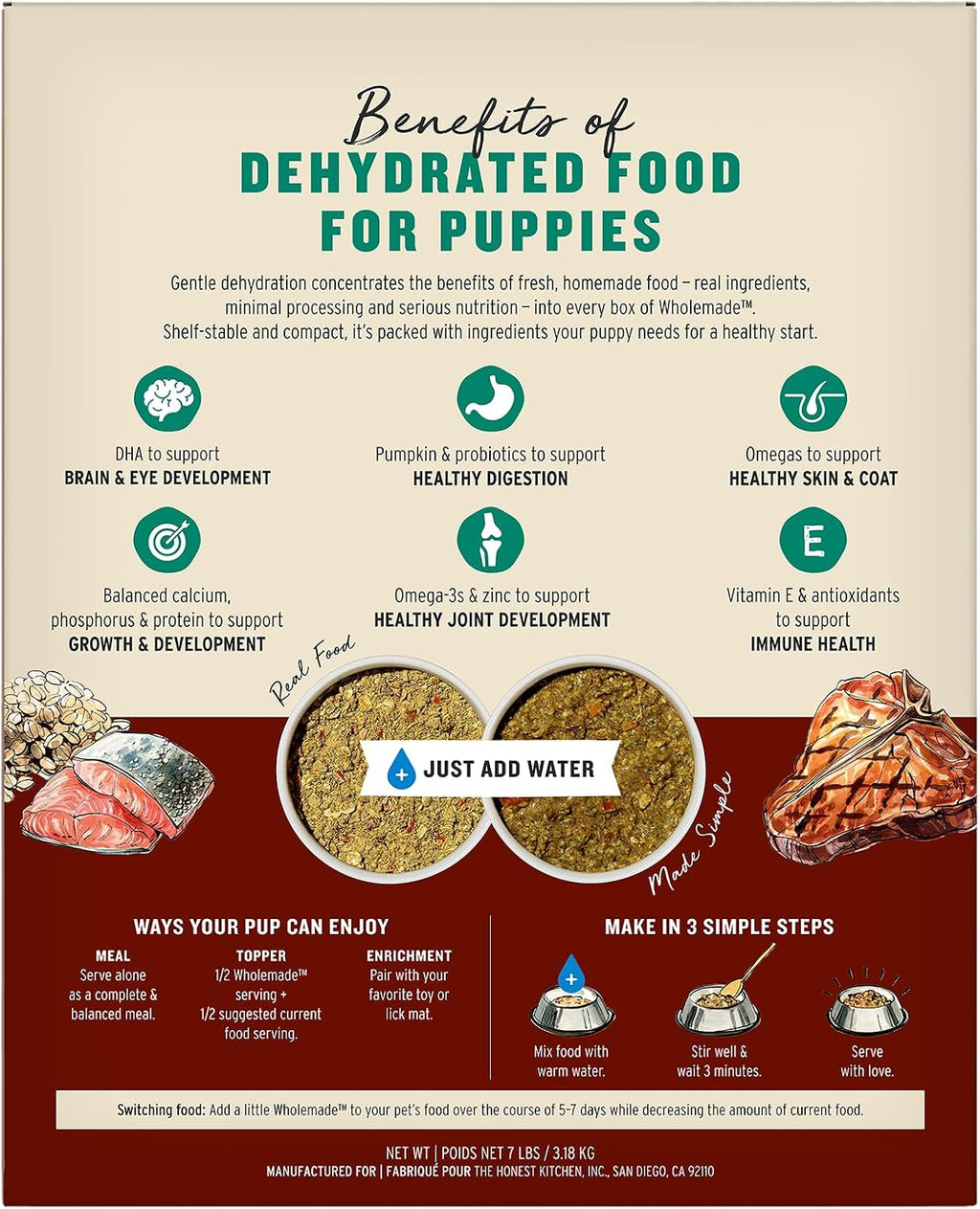 Dehydrated beef and salmon puppy food ingredients label