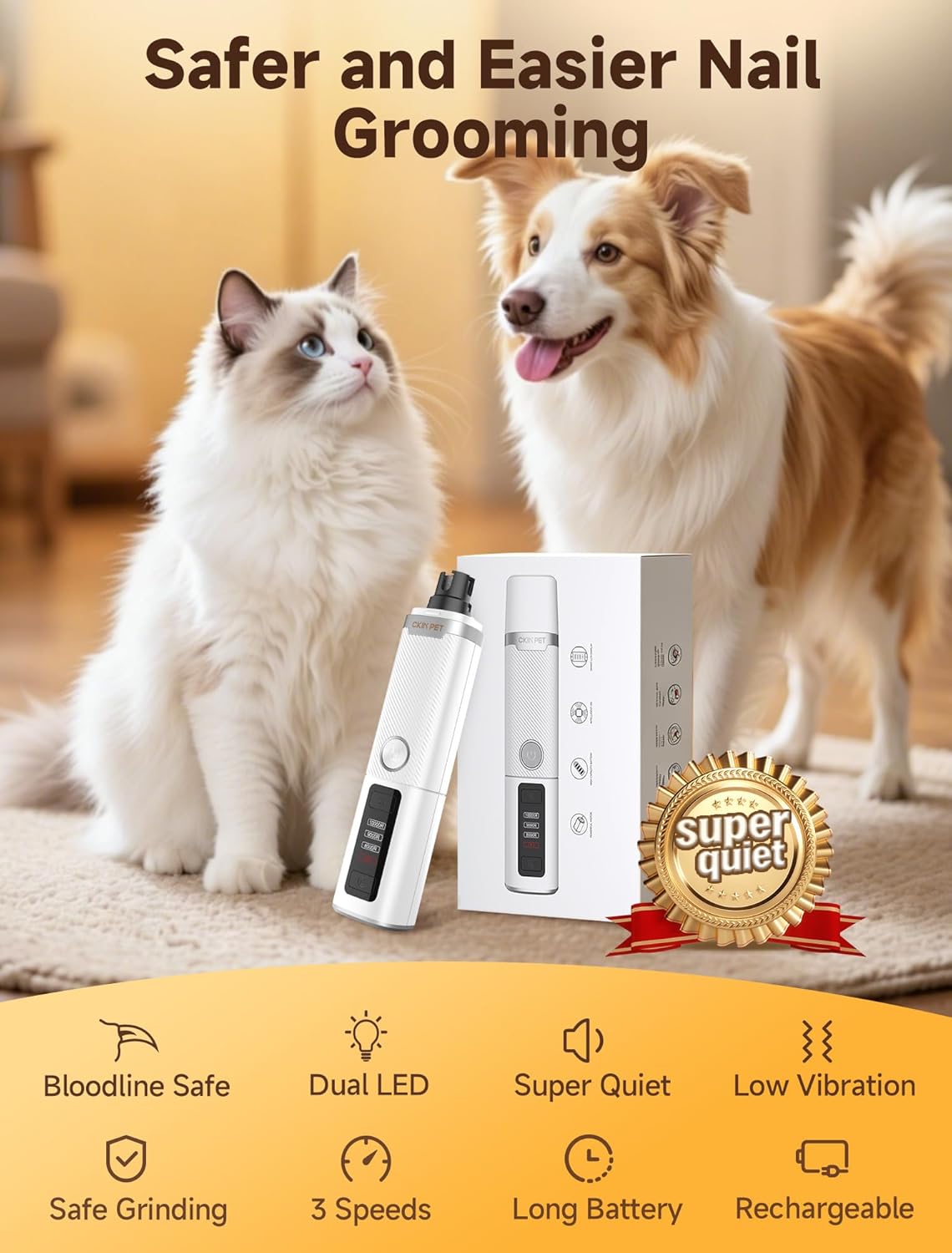 Ckin Pet nail grinder showing 3 speed settings on digital display