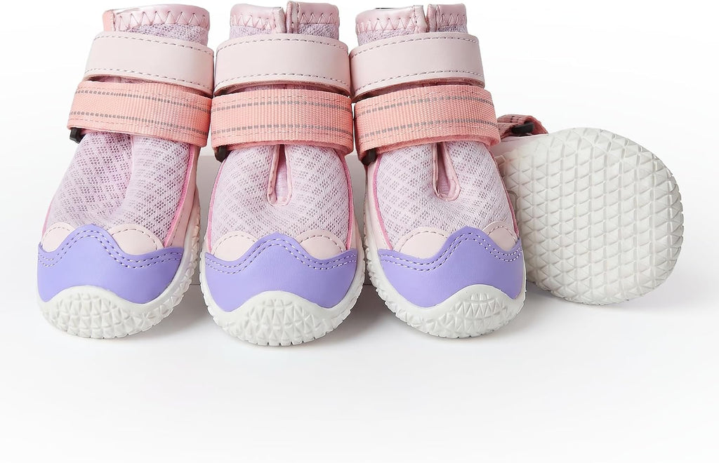 Spark Paws dog shoes front view showing pink and purple mesh design.