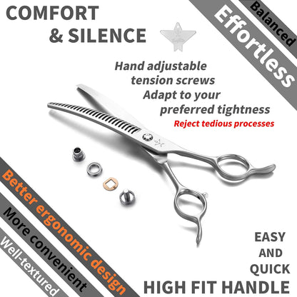 Fengliren dog thinning scissors showing the protective leather sheath and adjustment wrench.