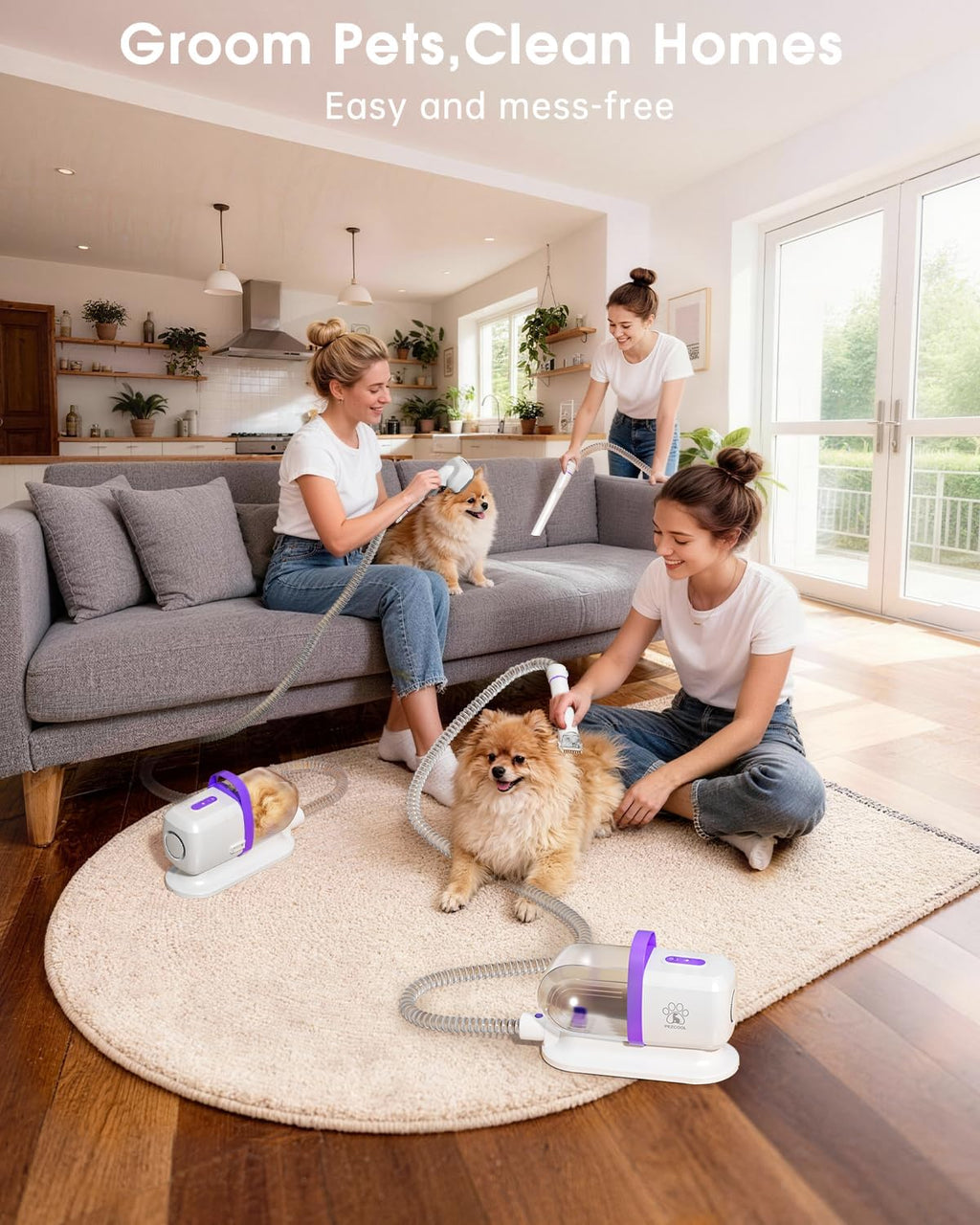 Six different grooming attachments including cordless clippers laid out next to the pet vacuum.