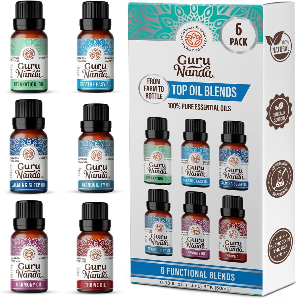 GuruNanda Top 6 Blends Essential Oils Set front view of gift box with six amber bottles.