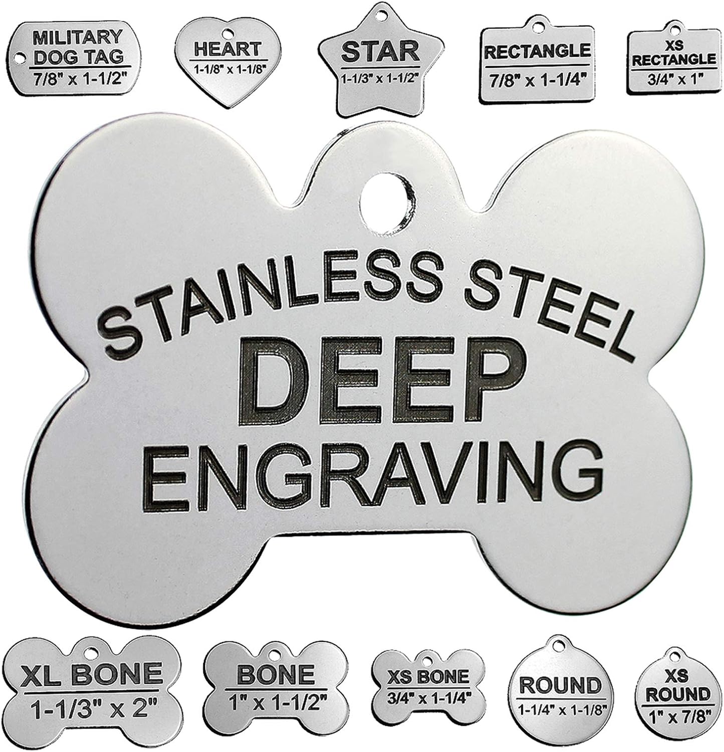 Pawsitively Pet Tags DEEP Engraved Premium Dog And Cat ID Tag front view showcasing personalized deep cut text on a bone shape stainless steel surface.